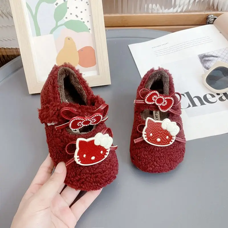 

Hello Kitty Winter Children's Shoes New Sanrio Girl Kawaii Warm Cotton Shoes Soft Bottom Non Slip Kids Princess Flats Fashion