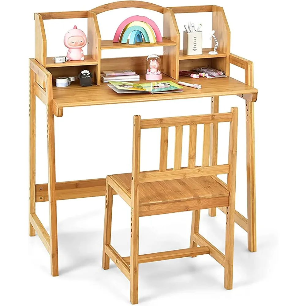 

Bamboo Height Adjustable Kids Desk and Chair Set, Children Desk, Study Table and Chair Set (Nature -01)