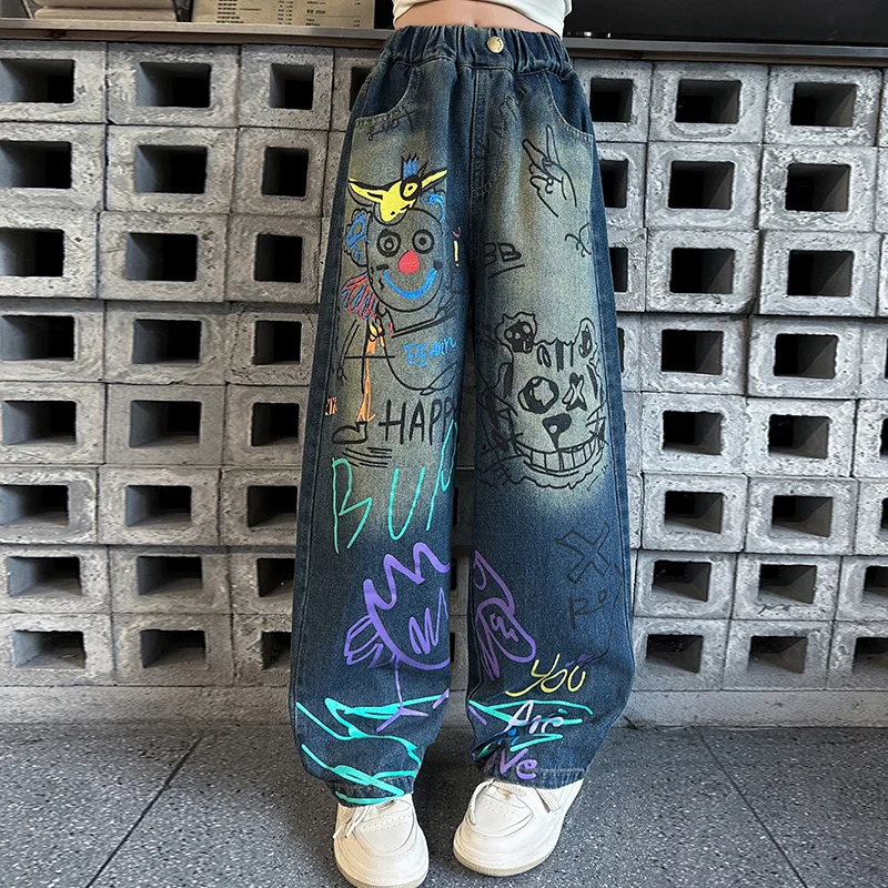 2025 spring teen girls Personalized graffiti denim wide leg pants Elastic waist junior kids jeans child Casual trousers clothes