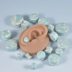 2Pcs Aqua Agate Stone Ear Plugs Gauge Earrings Double Flare Saddle Stretching Gauges Expander Ear Stretcher Body Piercing Jewely