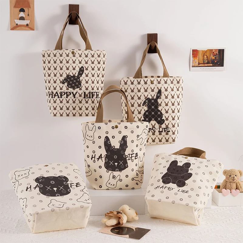 Portable Cartoon Handbag Large Capacity Canvas Bags Rabbit Bear Pattern Hand Tote Bag