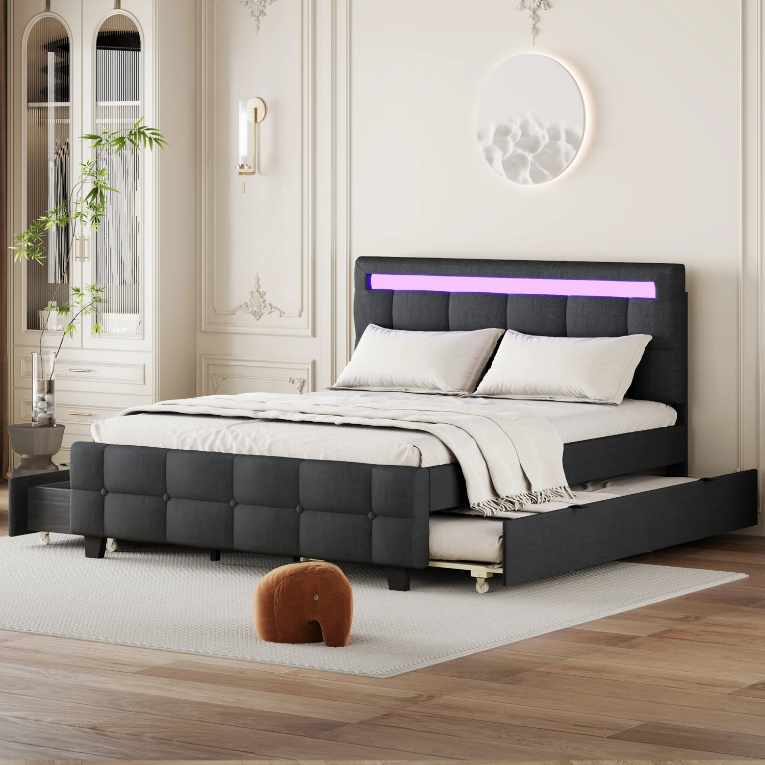 Queen Size Upholstered Platform Bed with LED Frame, with Twin XL Size Trundle and 2 drawers, Linen Fabric, Gray