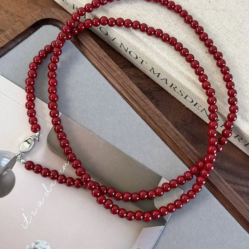 Temperament 6mm Red Color Glass Beads Strand Beaded Necklace for Women Mujer Silver Plating Ingot Clasp Long Sweater Chain 2025