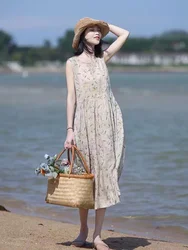 Loose Ramie Cotton Fragmented Flower Tank Dress Summer Women O Neck Sleeveless Casual Long Dress Comfortable Clothes X1243