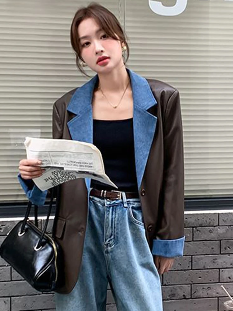 LANMREM Vintage Leather Blazer Women Denim Spliced Notched Collar Single Breasted Coat Fashion 2024 Spring New Clothing 2AA4519