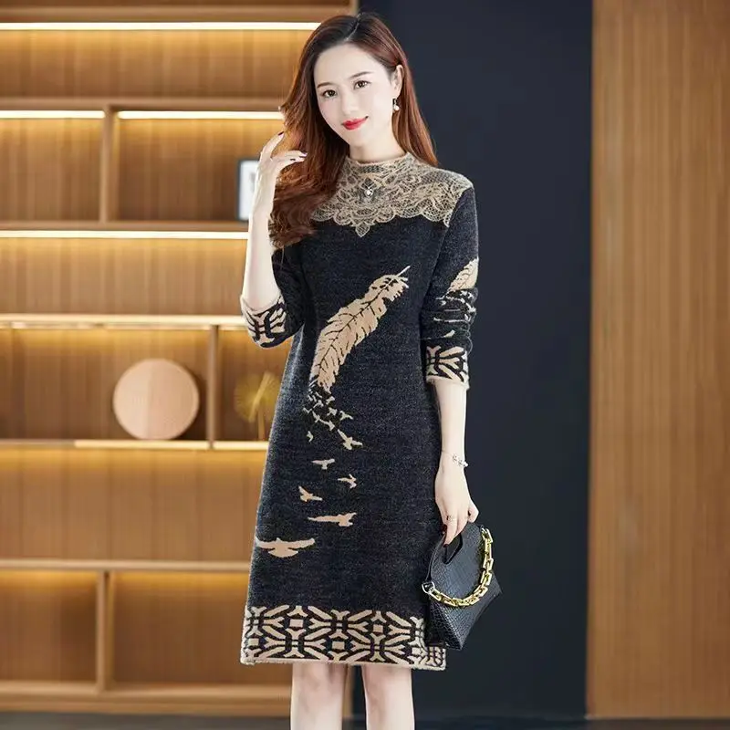 Women False Mink Velvet Oversize Knit Dress 2024 New Autumn Winter Clothes Fashion Lace Patchwork Print Female Slim Sweater