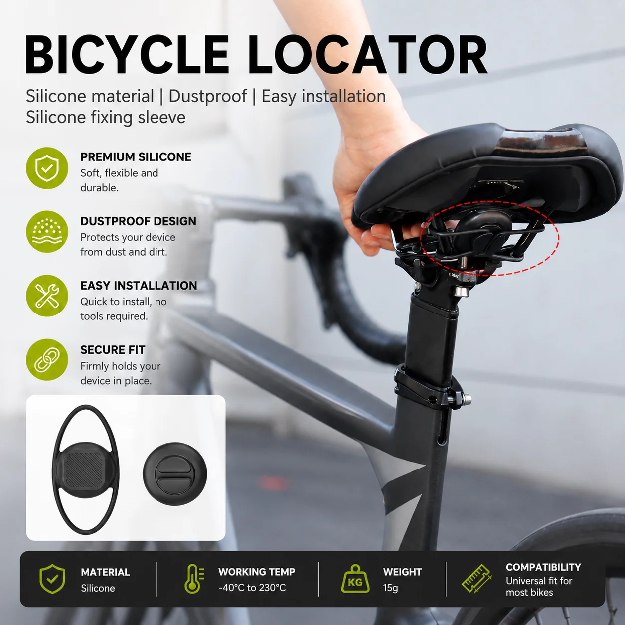 Bike AirTag Silicone Protective Case Waterproof Anti-Lost Holder with Strap for Bicycle Backpack Pet Eco-Friendly Soft Cover