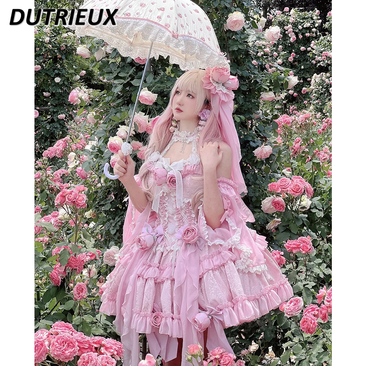 

Original Lolita Sweet Girl Jacquard Rose Fishbone Dress Pink Halter Off-the-Shoulder Waist Slimming Kawaii Short Dresses