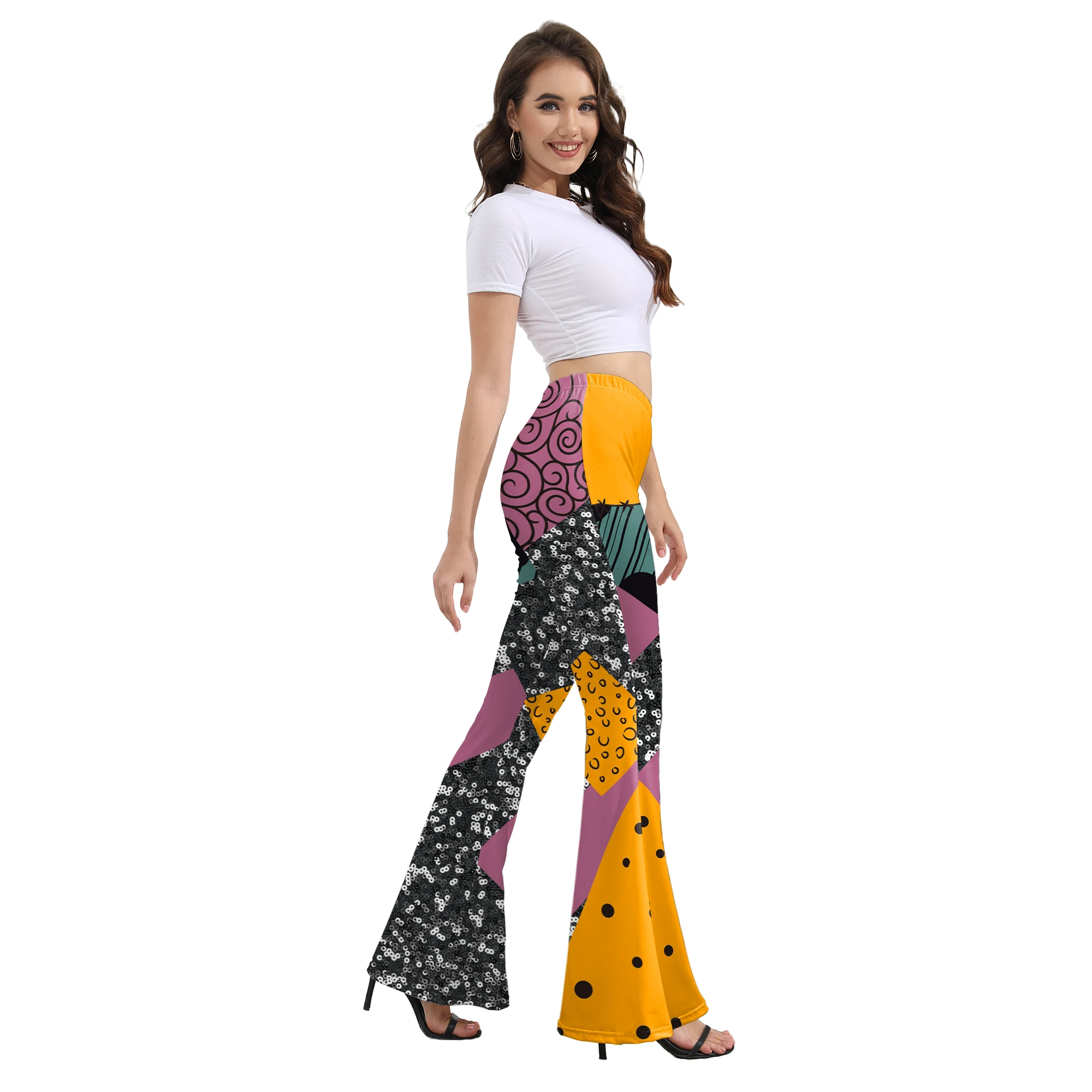 Halloween Carnival Sally Pants Cosplay Costume 3D Printing Fashion Patchwork Pattern Wide Leg Pants Fancy Party Flare Pants