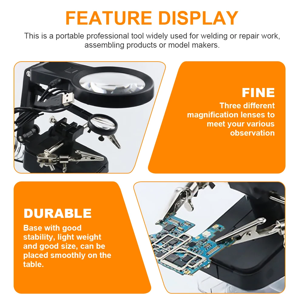 

Magnifying Glass Soldering Station LED Light Triple Magnification Lenses Adjustable Clips Stable Base Portable Tool for Welding