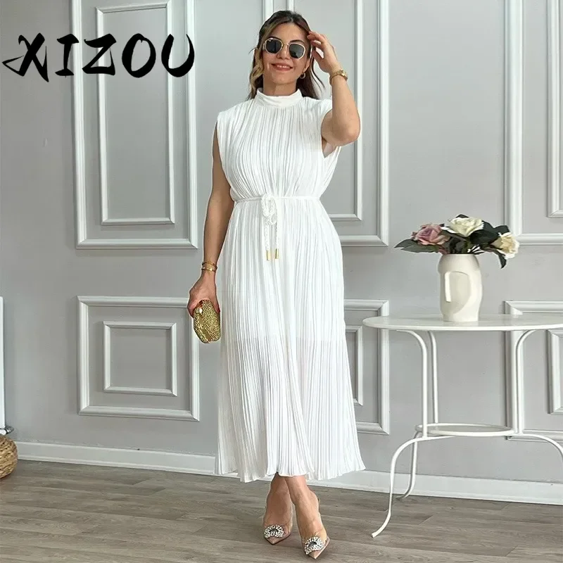 XIZOU White Casual Maxi Dresses Women Fashion Half High Neck Sleeveless Split Lace Up Belt Dress Elegant Party Evening Dress