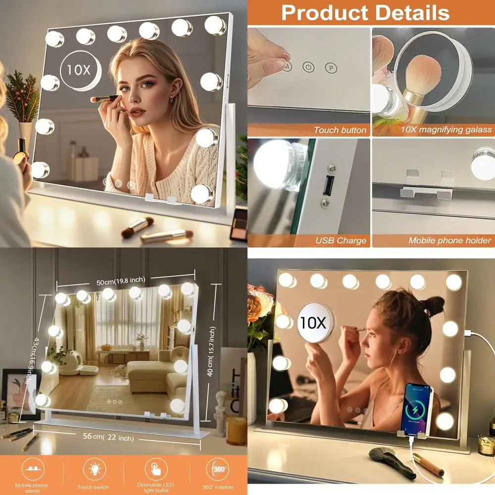 22 LED-beleuchteter Schminkspiegel, 3 Modi, 10-fache Lupe, 360 °   Rotation, Touch-Steuerung, Weiß