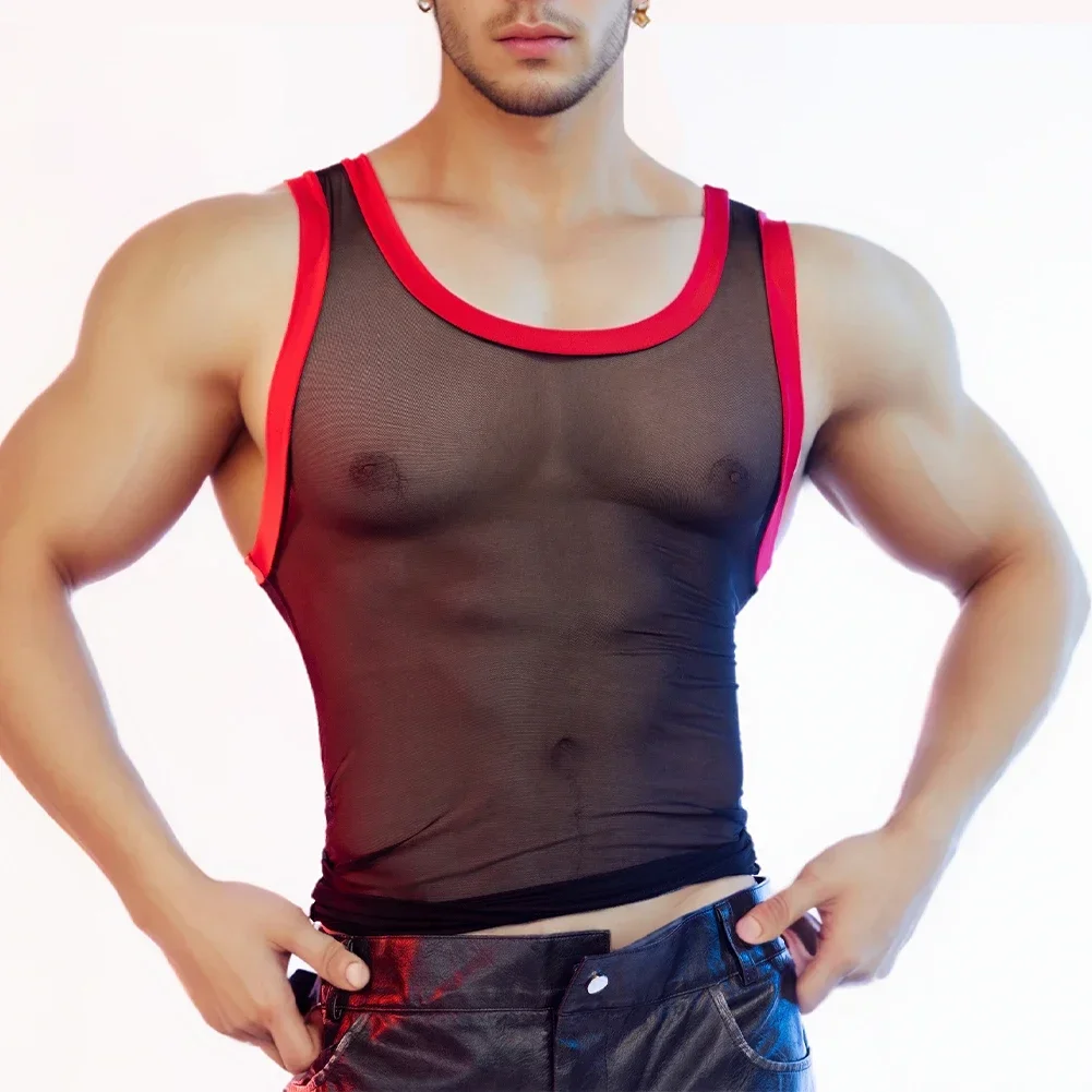 Mens Sleeveless Tight Fitting See-Through Mesh T Shirt Tank Tops Sports Vest Party Nightclubs Lightweight Breathable Men\'s Vest