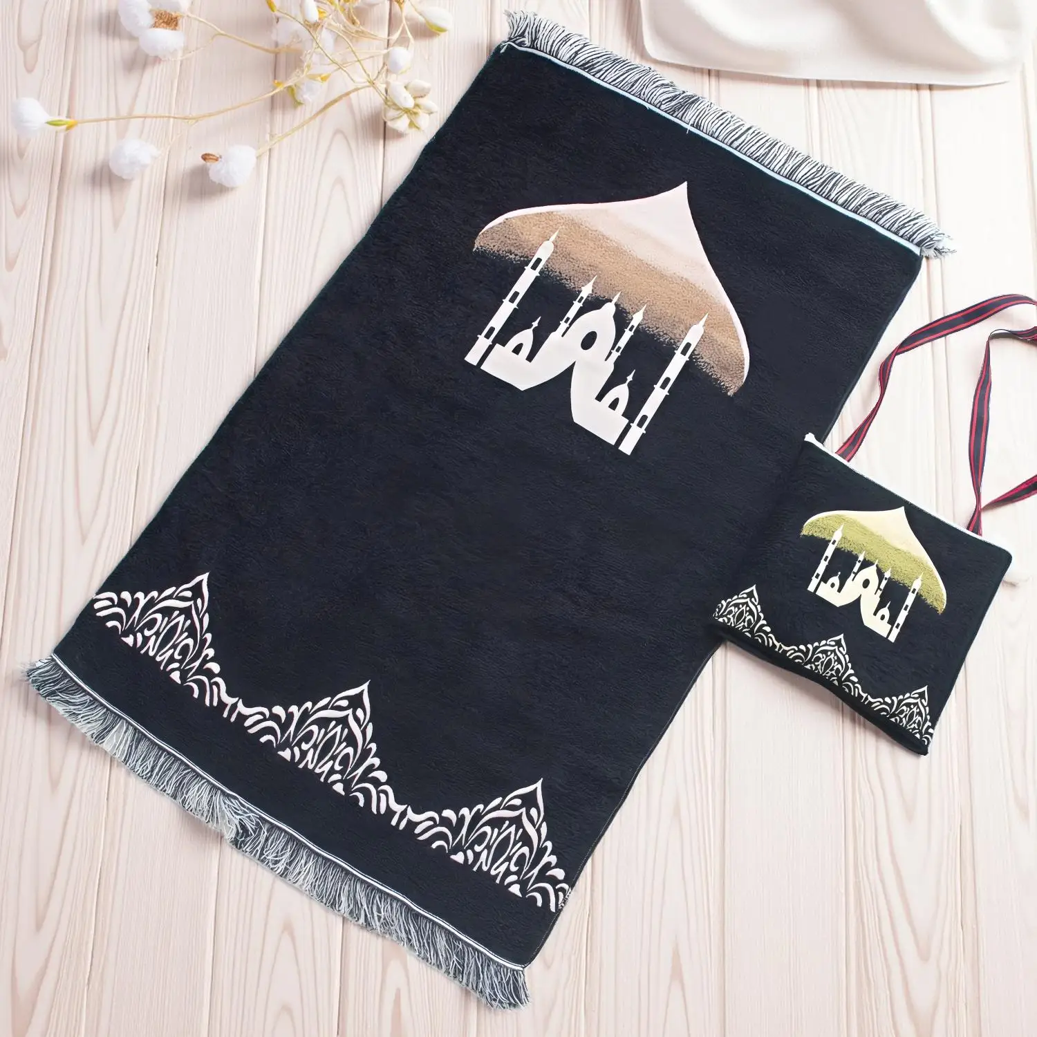 2pcs Set Prayer Mat With Muslim Prayer Rug Gift Bag Travel Prayer Rug Hajji Gift Sets