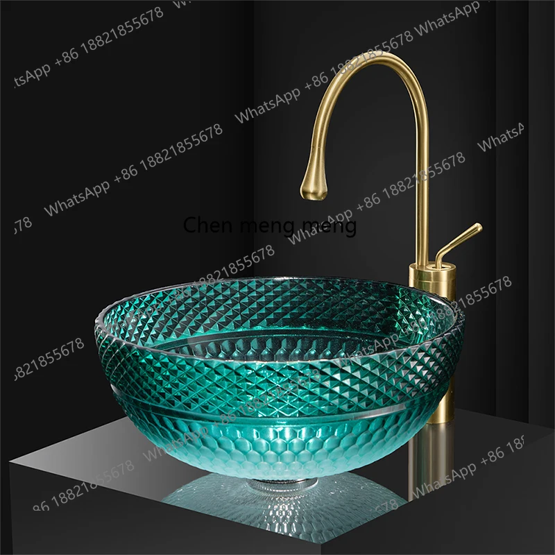 

Crystal glass countertop basin, bathroom art light luxury wash basin, hotel household washbasin, gradual change of green circle