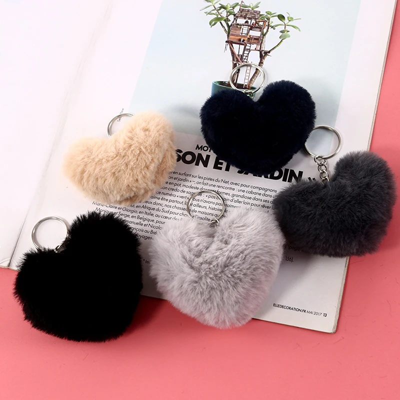 8CM Fluffy Pompom Keychain Gifts for Women Soft Heart Shape Pompon Fake Rabbit Key Chain Ball Car Bag Accessories Key Ring