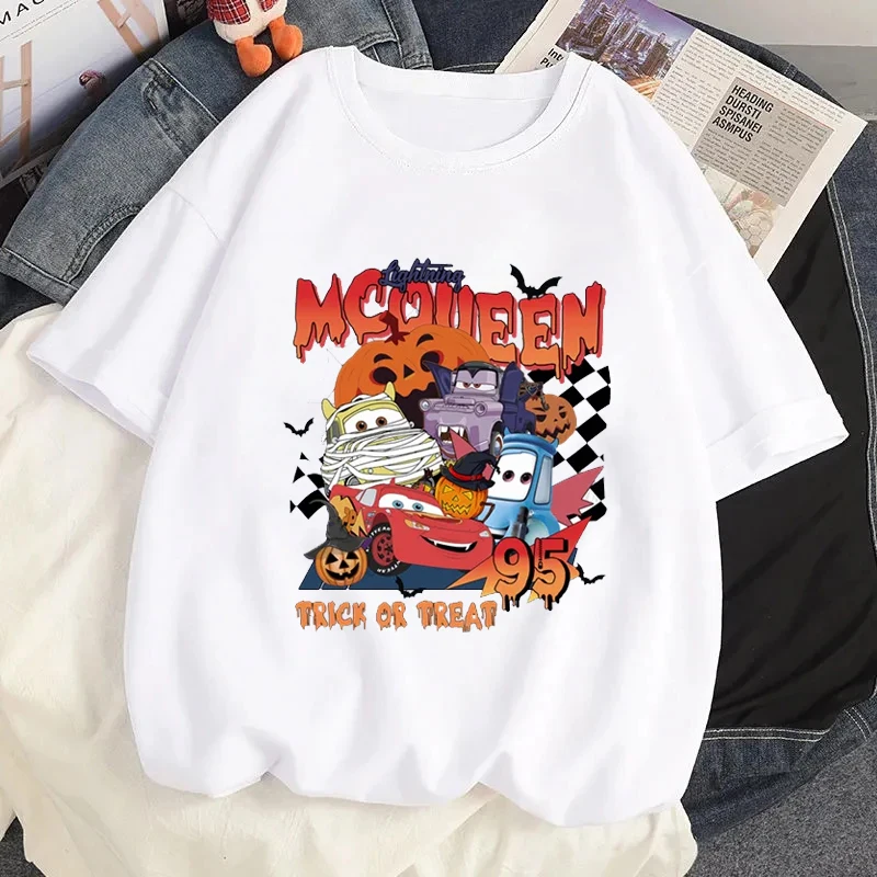 Camiseta con estampado de coche Pixar Lightning McQueen 95, camisetas gráficas de calabaza de Halloween, camisetas informales con cuello redondo para mujer de verano