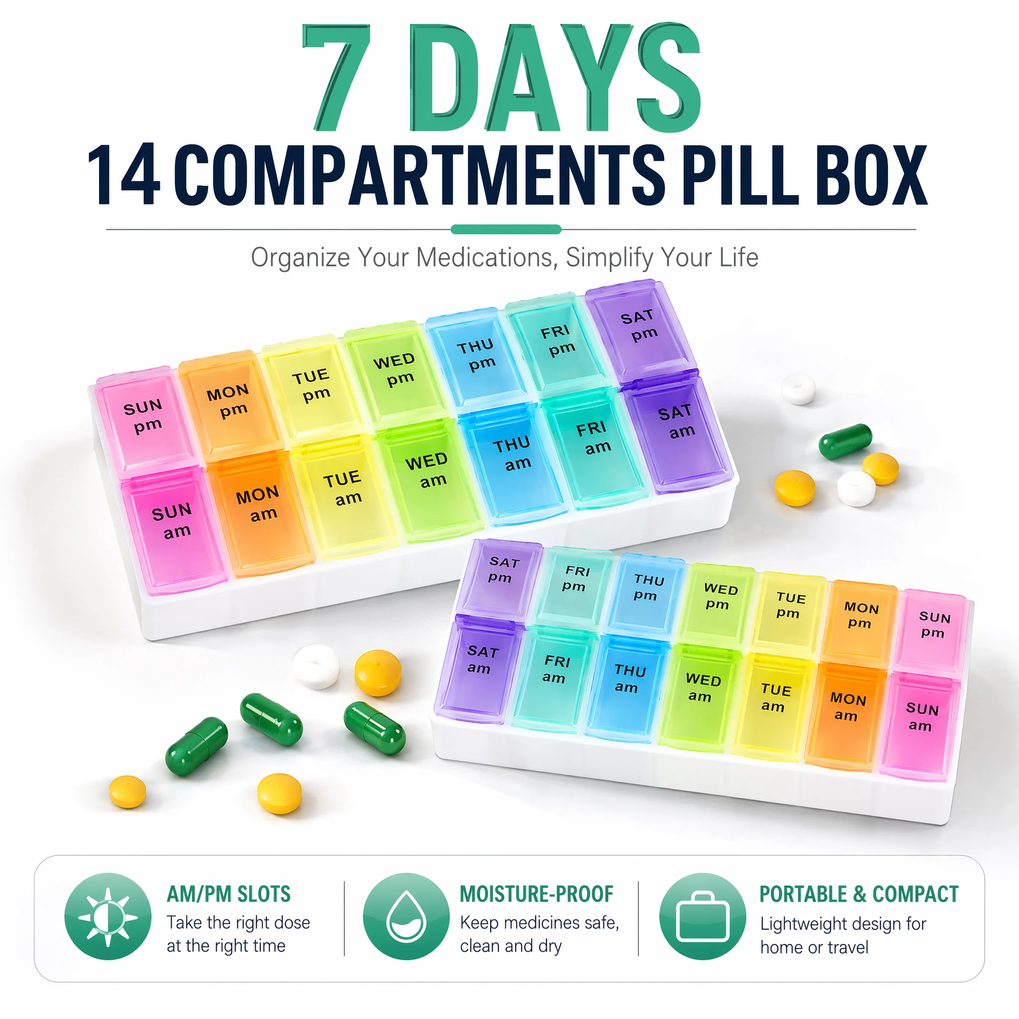 Organizador de Pílulas para 7 Dias com 14 Compartimentos, 3 Vezes ao Dia, Caixa de Medicamentos Portátil para Viagem para Vitaminas e Suplementos de Ó
