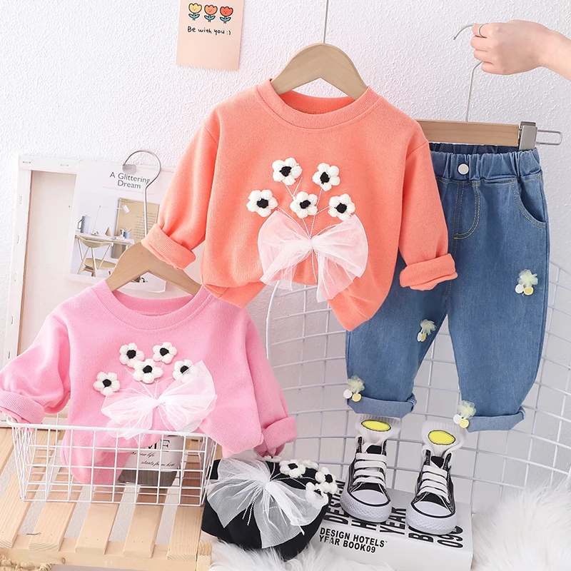 Baby Girls Bowknot T Shirt Floral Jeans Kids Clothing Sets Infant Clothes Outfits Spring Children Sportswear Princess Costume