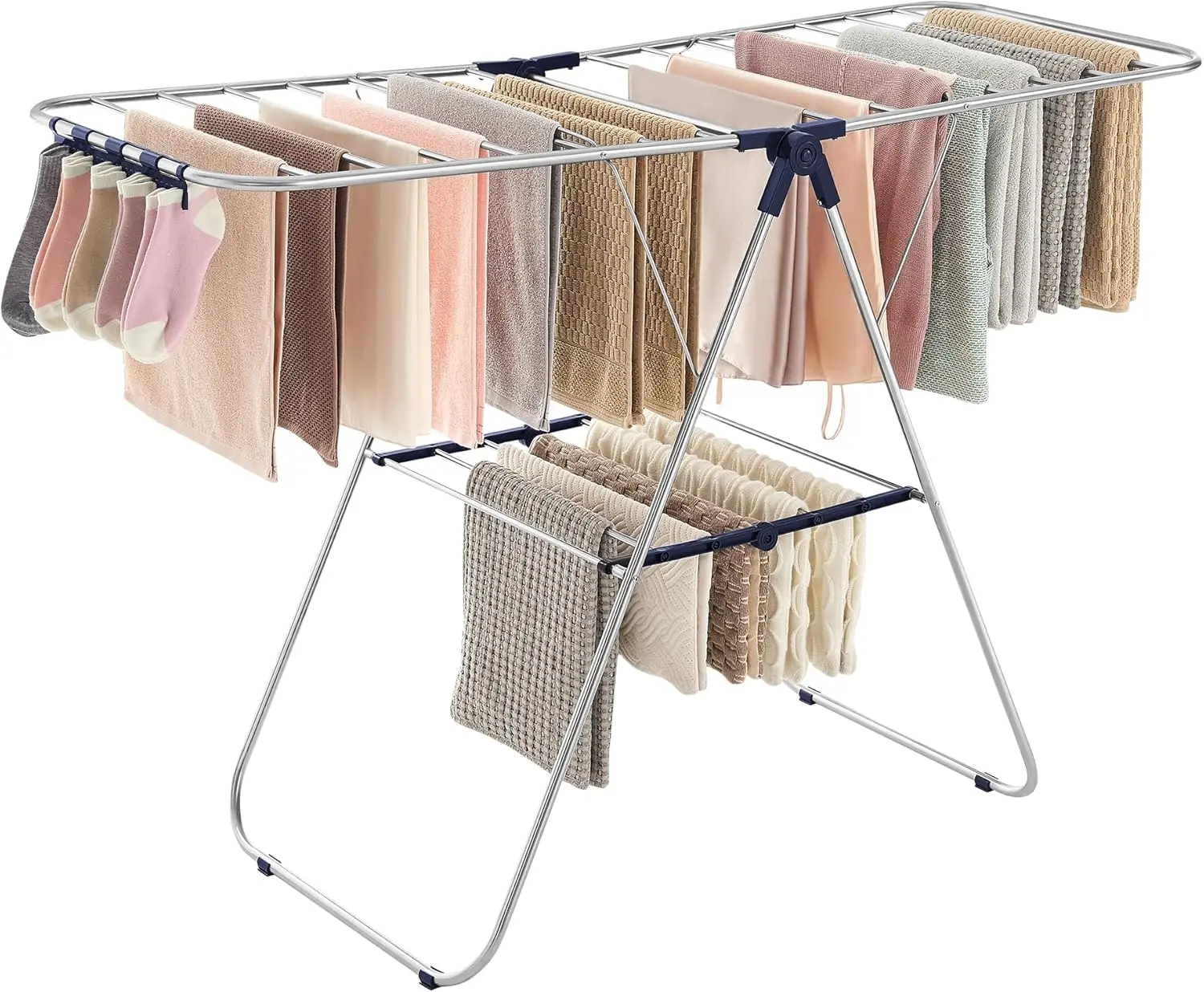 Clothes Drying Rack, with Sock Clips, Metal Laundry Rack, Foldable, Space-Saving, FreeStanding Airer, with 2 Height