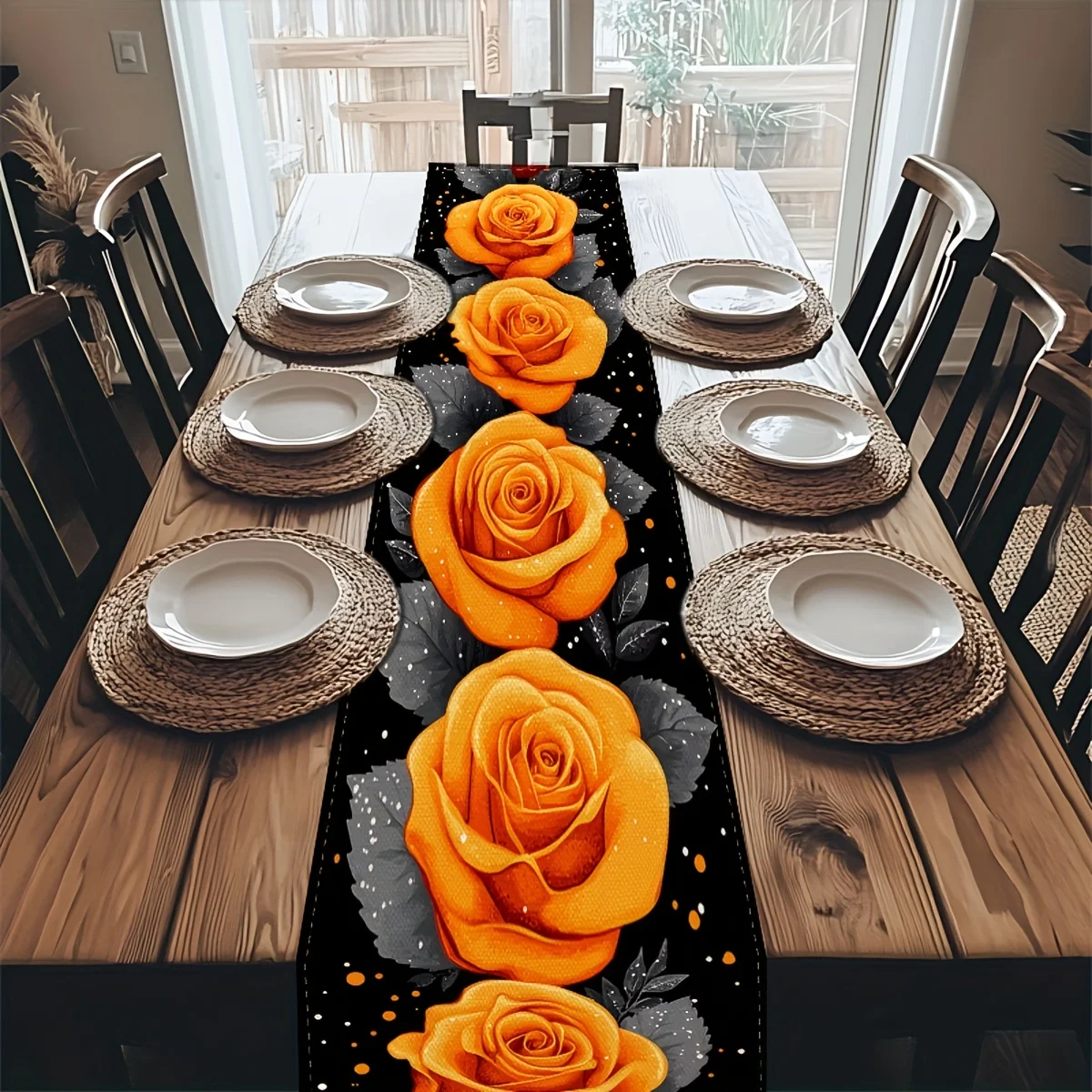 1 Piece of Romantic Floral Design Table Runner with Black Background and Gray Leaf Pattern, Suitable for Farmhouse, Indoor, Kitchen, Celebrations, Table Decoration, Restaurant, and Banquet Decoration Supplies