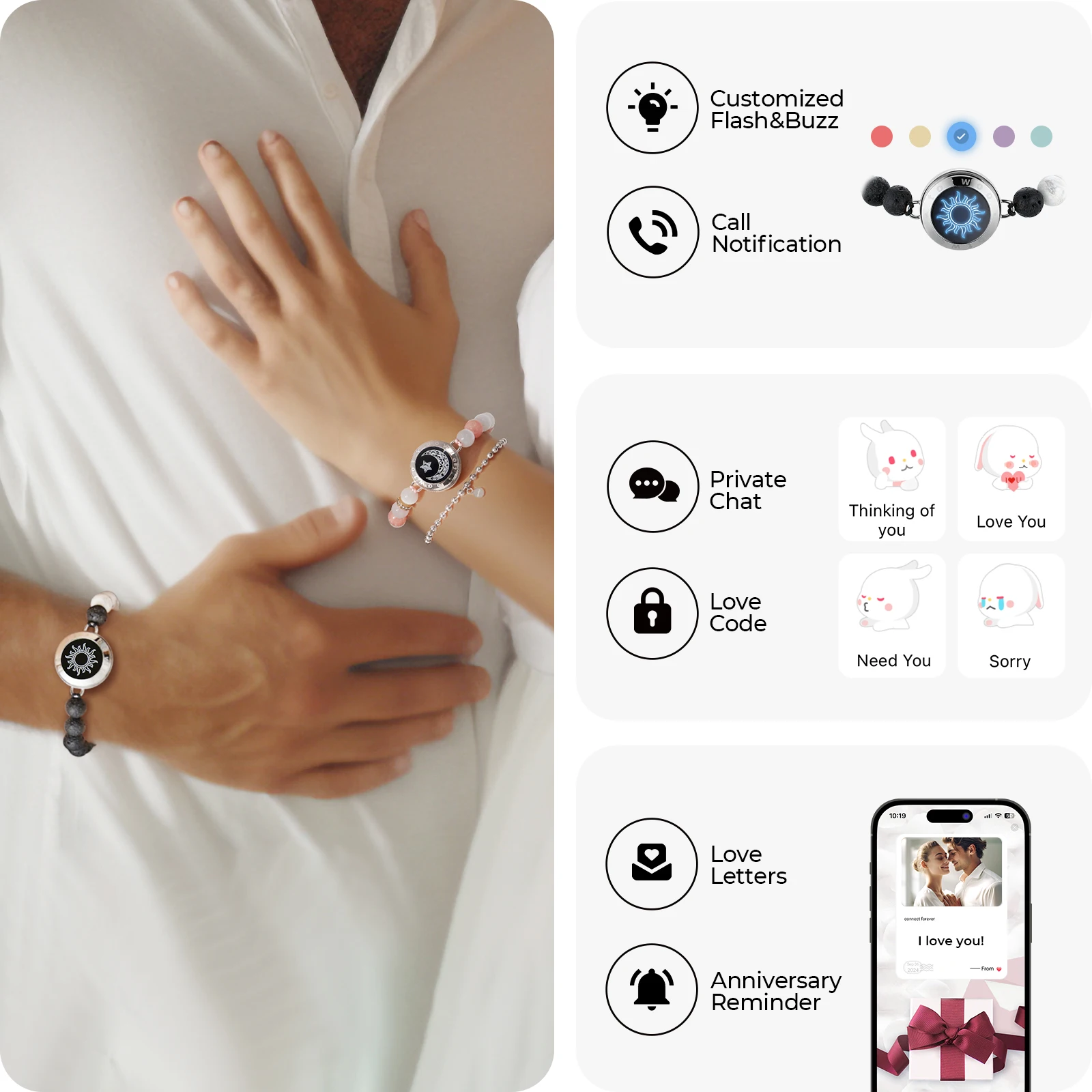 TOTWOO Bracelets Bracelet tactile longue distance pour couples, vibrations et lumières Bluetooth appairage bijoux