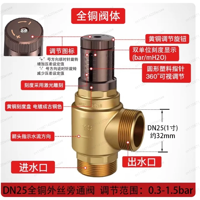 Differential Pressure Bypass Valve for AC/Heat Pumps - All Copper Body, DN25, Adjustable 0.3-1.5bar with Visual Indicator