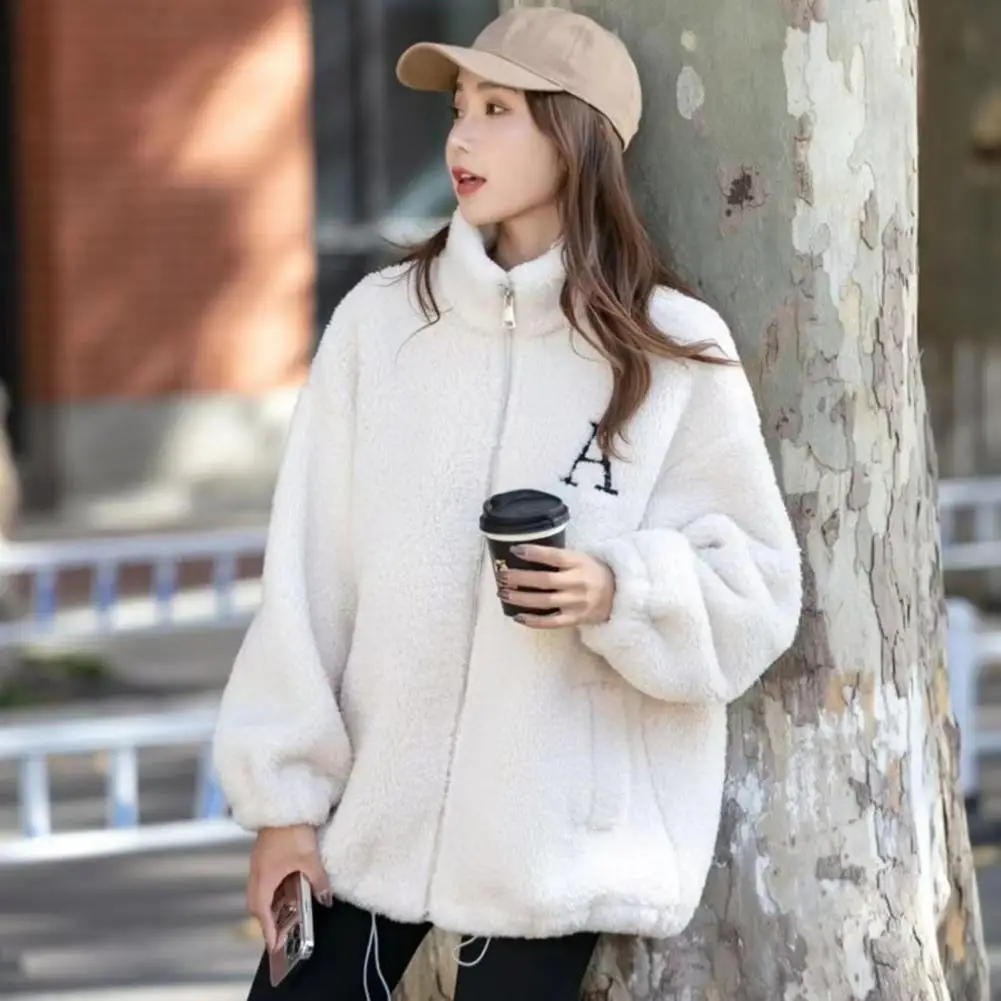 Long Sleeve Casual Jacket Stylish Women's Winter Coat with Stand Collar Embroidered Letter Detail Plush Pockets Warm for Cold