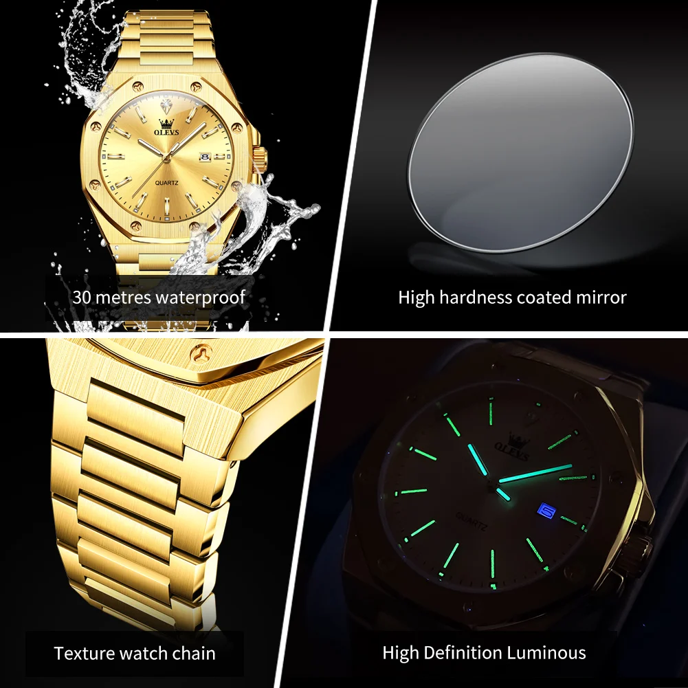 OLEVS Luxury Octagonal Golden Stainless Steel Quartz Watches for Men High Quality Auto Date Luminous Waterproof Man Wristwatch