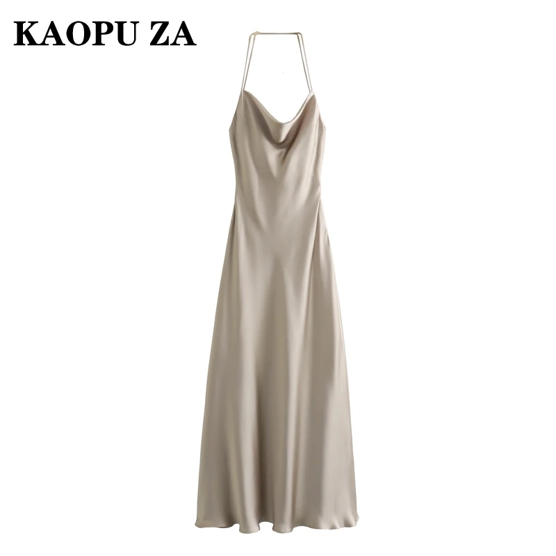 KAOPU ZA 2024 New Summer Women's Elegant Halter Neck Little Black Dress with Satin Texture Casual Evening Fashion Dress