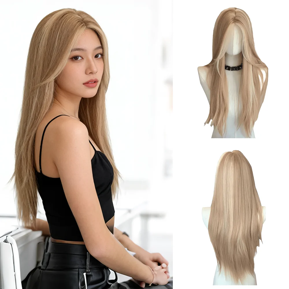 

T-shaped Front Lace Synthetic Straight Hair 24inch Golden Brown Highlight Suitable for Women Halloween Party Heat-resistant Wig