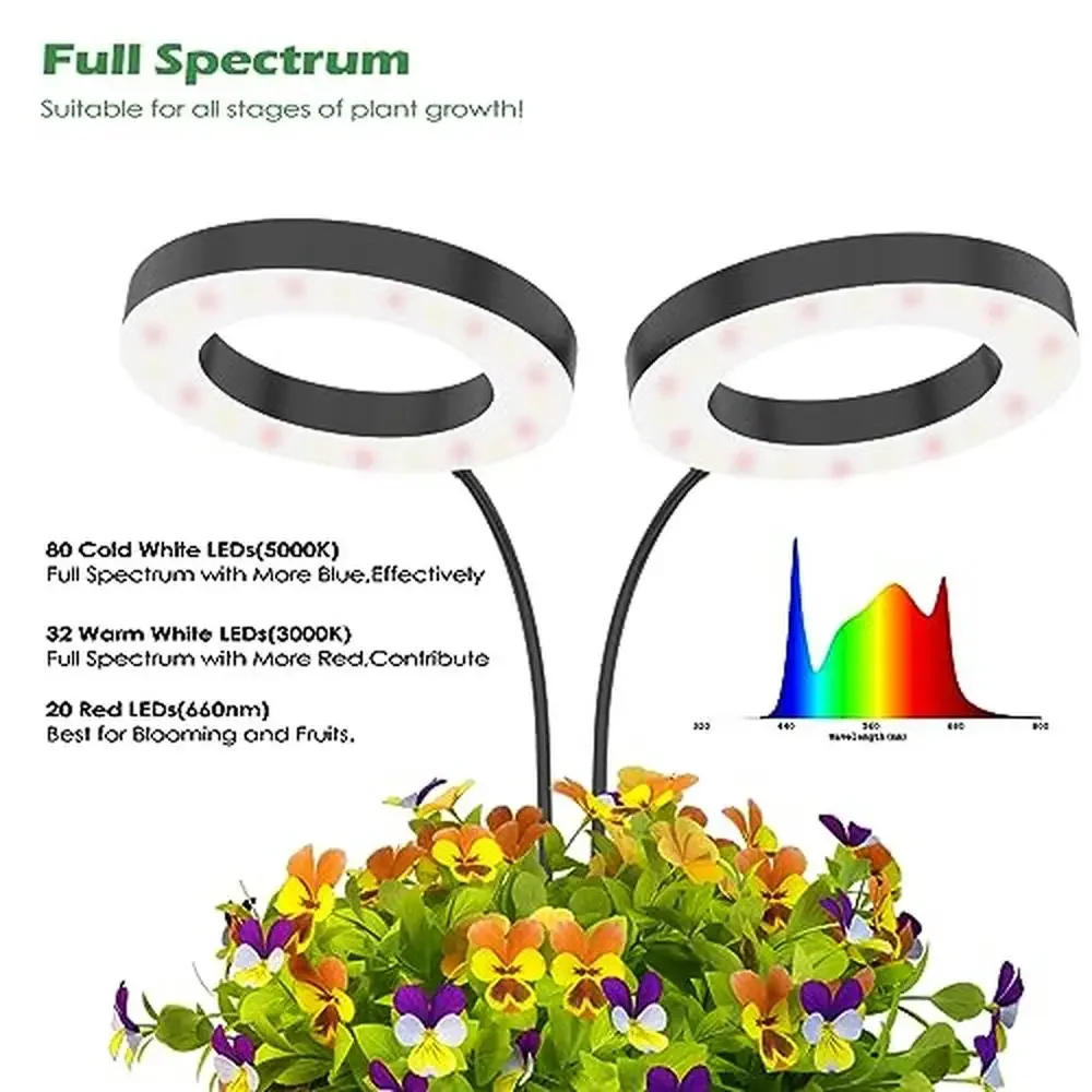 2-Head LED Plant Growth Lamp Full Spectrum Indoor Plants 360°Adjustable Height Automatic Timer 132 LEDs Aluminum Base 40W Power