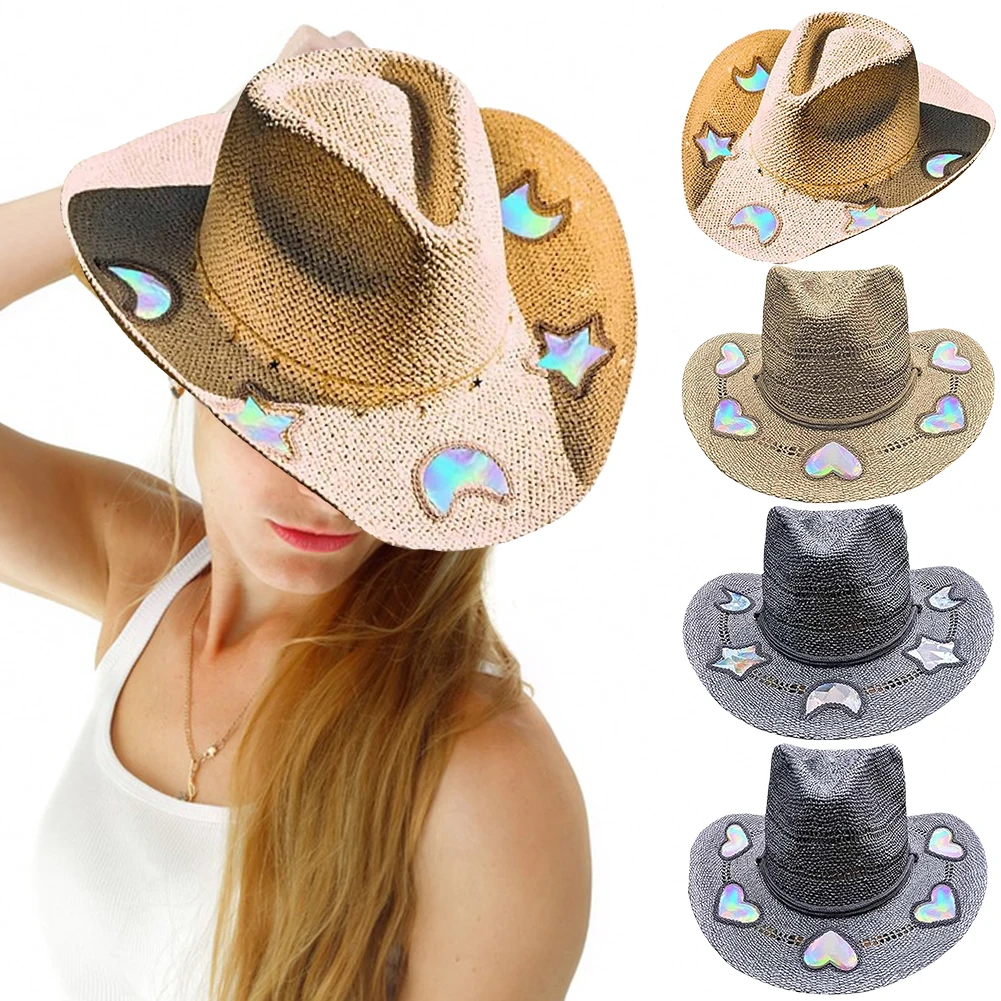

Suncatcher Cowgirl Straw Prism Hat Cowboy Hat Handmade Weave Women Straw Cap Hollow Design Western Cowboy hat for Women