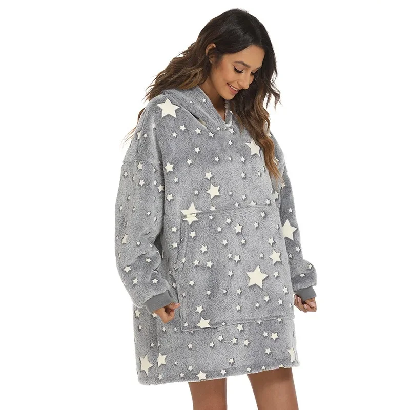 Lazy Star Night Light Blanket Gray Flannel Sherpa Fleece Hoodie Cozy Hooded Sweatshirt