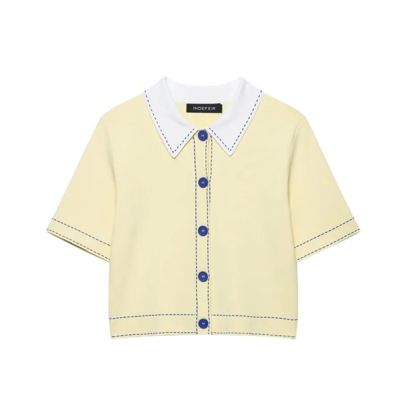 

TRAF Women Stitch Detail Knit Polo Cardigan With Button Autumn Short Sleeve Knitted Women's Plain Top Elastic Female Sweater