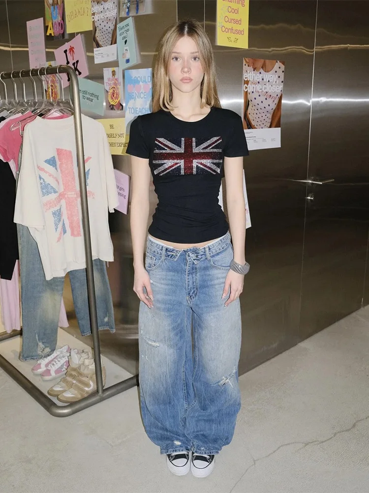 Sommer Y2K Britische Flagge Strass-Print Rundhals Slim Kurzarm Gerafftes Crop-T-Shirt Damen Casual Tee Top 2026 Neu – Detail 13