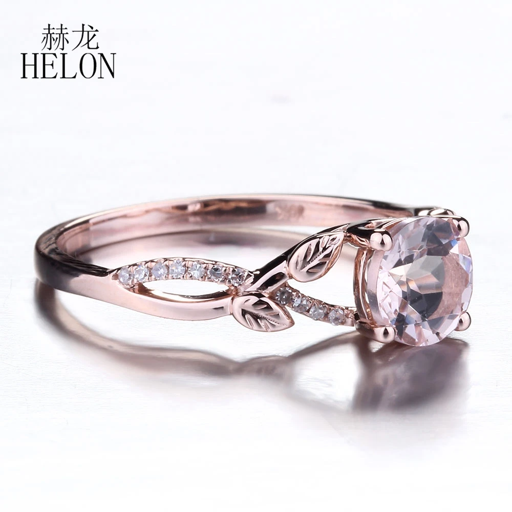 HELON Solid 14k 10K Rose Gold Round 6mm Natural Morganite Diamonds Engagement Ring Women Gemtones Trendy Fine Jewelry Gift