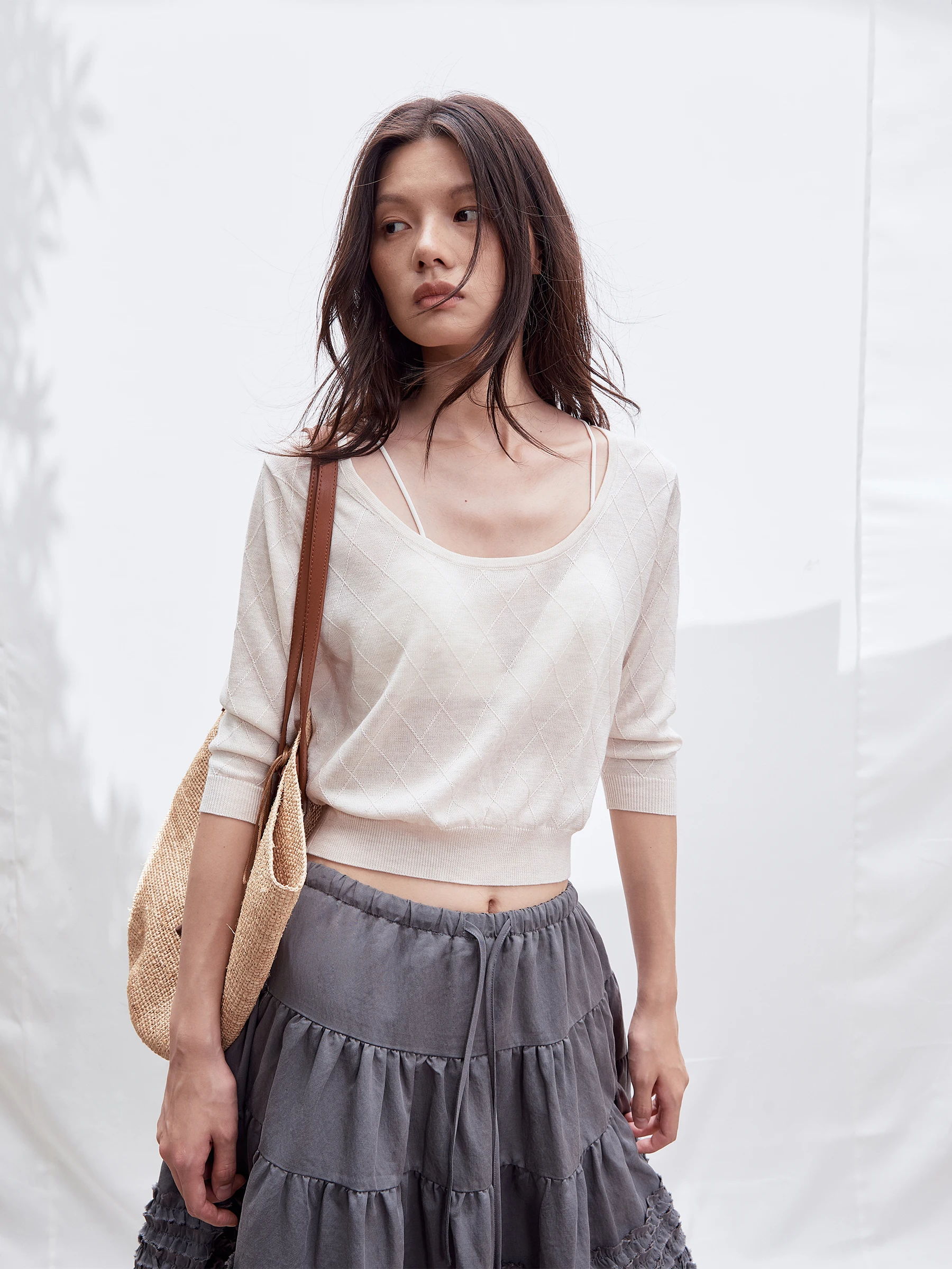 SHKUCO Lightweight Soft Wool Blend Knitted Long Sleeve Top Casual Loose Fit round Neck Short Length  Wool Blend