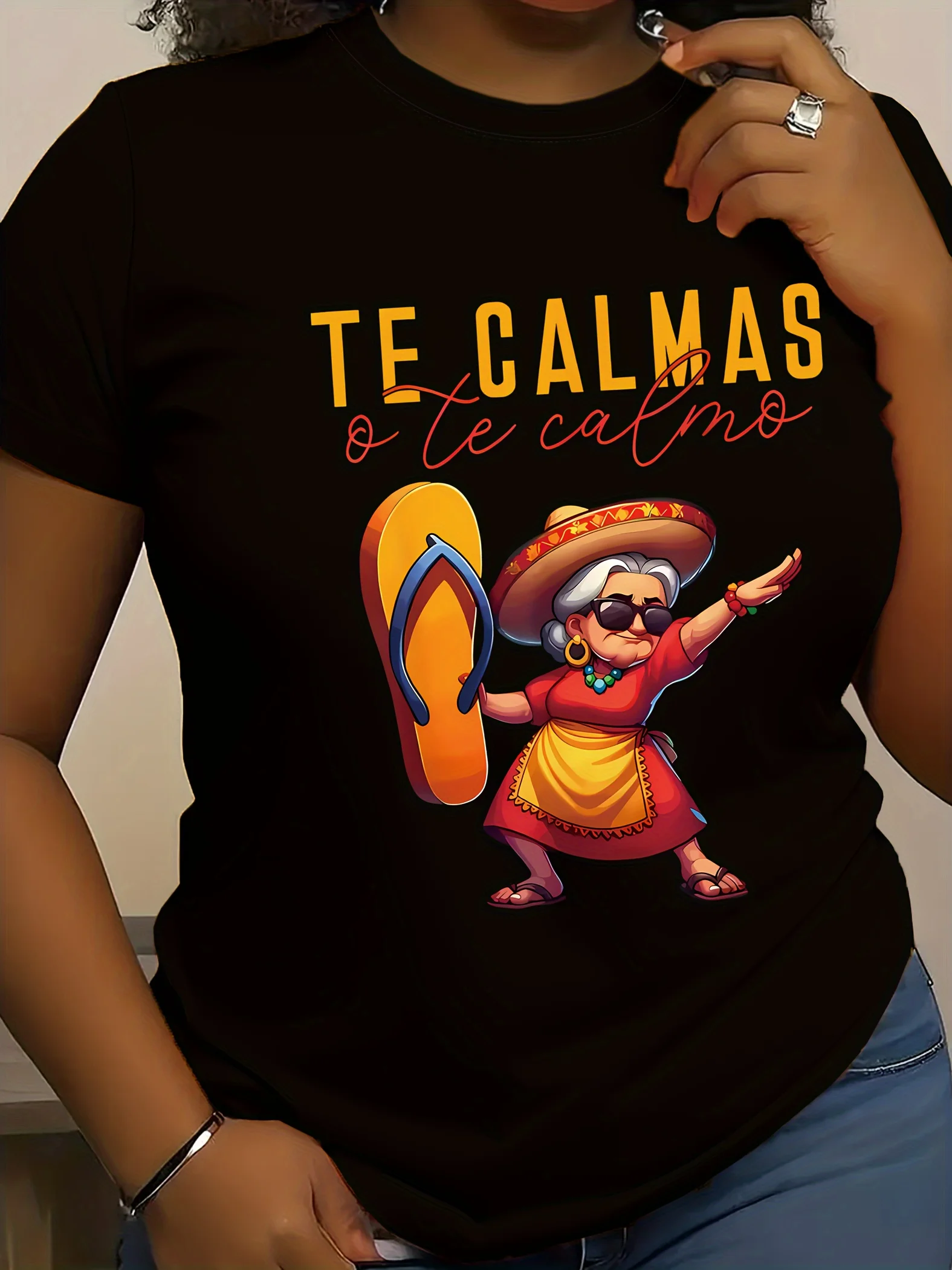 

Funny letter TE CALMAS Mexican Mama Print T-Shirt for Women - Casual Short Sleeve Round Neck Polyester Knit Fabric Women's Tops