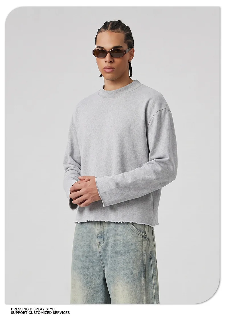 Heavy Autumn and Winter Solid Color Sweater Men's Hem Rough Edge Retro Semi-turtleneck American Pullover Sweater