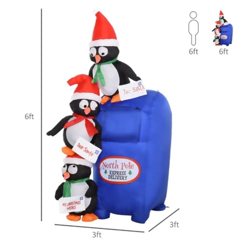 Penguins with mailbox inflators bring together a cohesive Christmas display with LED lights to create a cheerful, magical effect