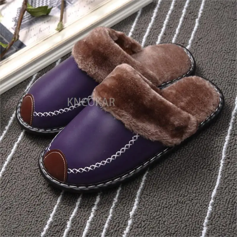 Men Winter Leather Slippers Bedroom Cotton Slippers Waterproof Thick Plus Velvet Indoor Warm House Home Slippers Shoes Fashion