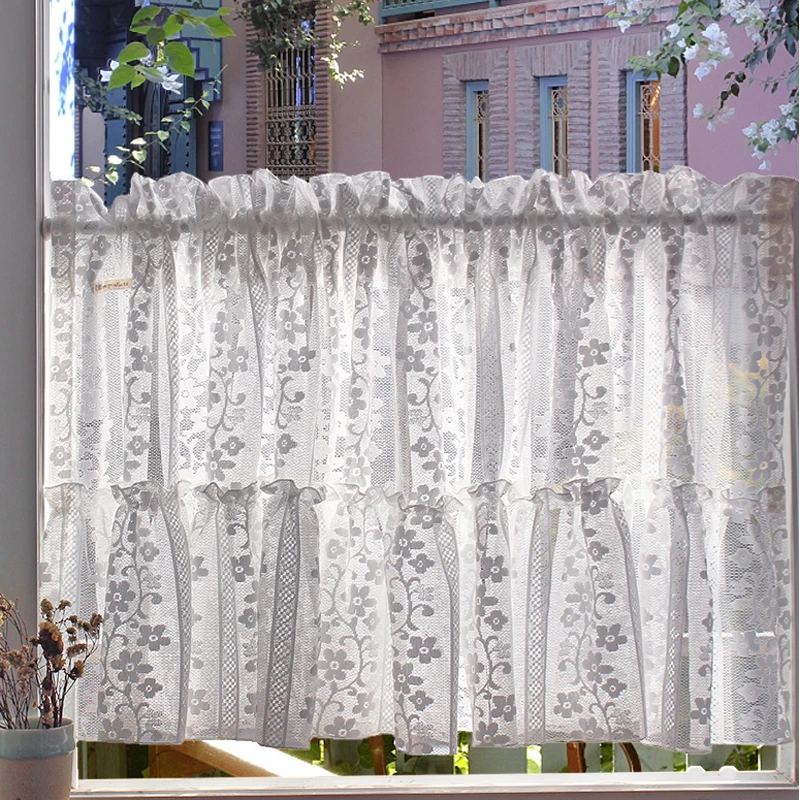 

White Lace Short Curtain for Kitchen Window Jacquard Floral Sheer Curtain Valances for Small Window Bedroom Rod Pocket Top Tulle