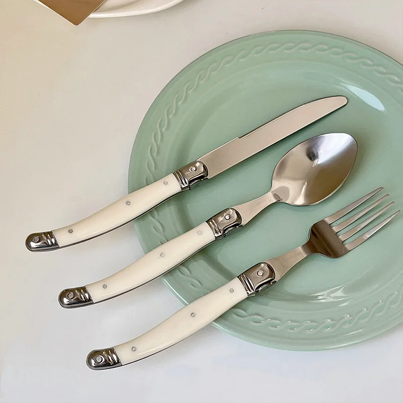 Laguiole-Juego de cucharas y tenedores para carne, cubiertos blancos, colección de esmalte de espejo, juego de cubiertos de Navidad de acero inoxidable, cucharadita, 6 uds.
