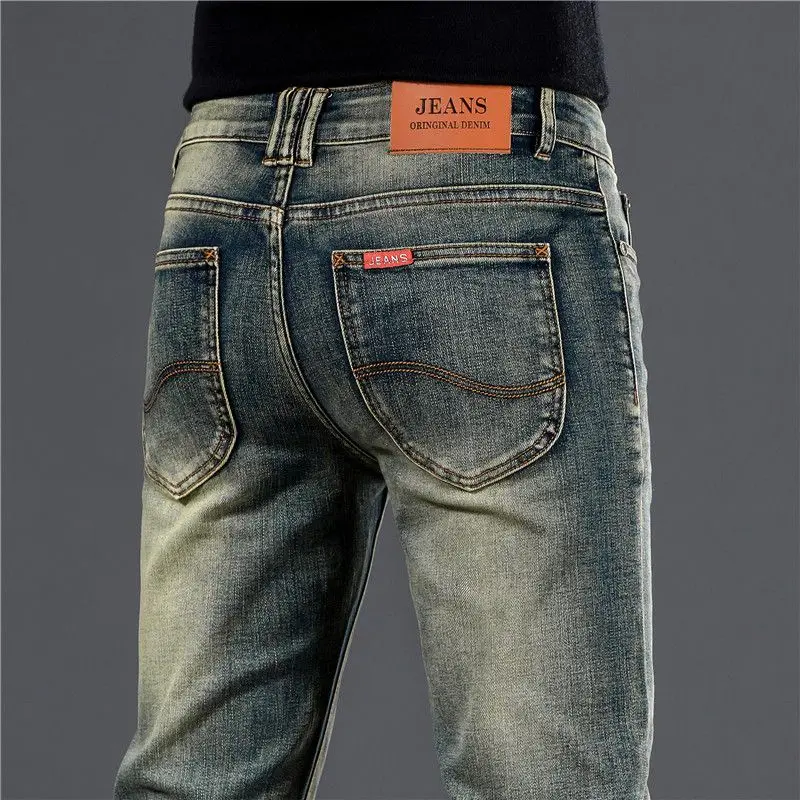 

High-End Retro Men's Jeans Loose Straight Leg Washed Slim Fit Elastic Ankle Pants Casual Cotton Polyester Blend Moisture Wicking