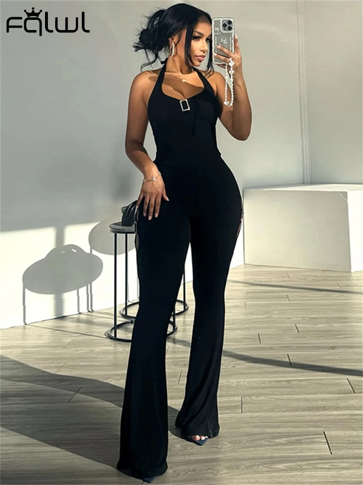 

Habbris Spring Black Halter Jumpsuit Club Party Clothes Women 2024 Backless Hollow Out Rompers Bandage Flared Jumpsuits Female