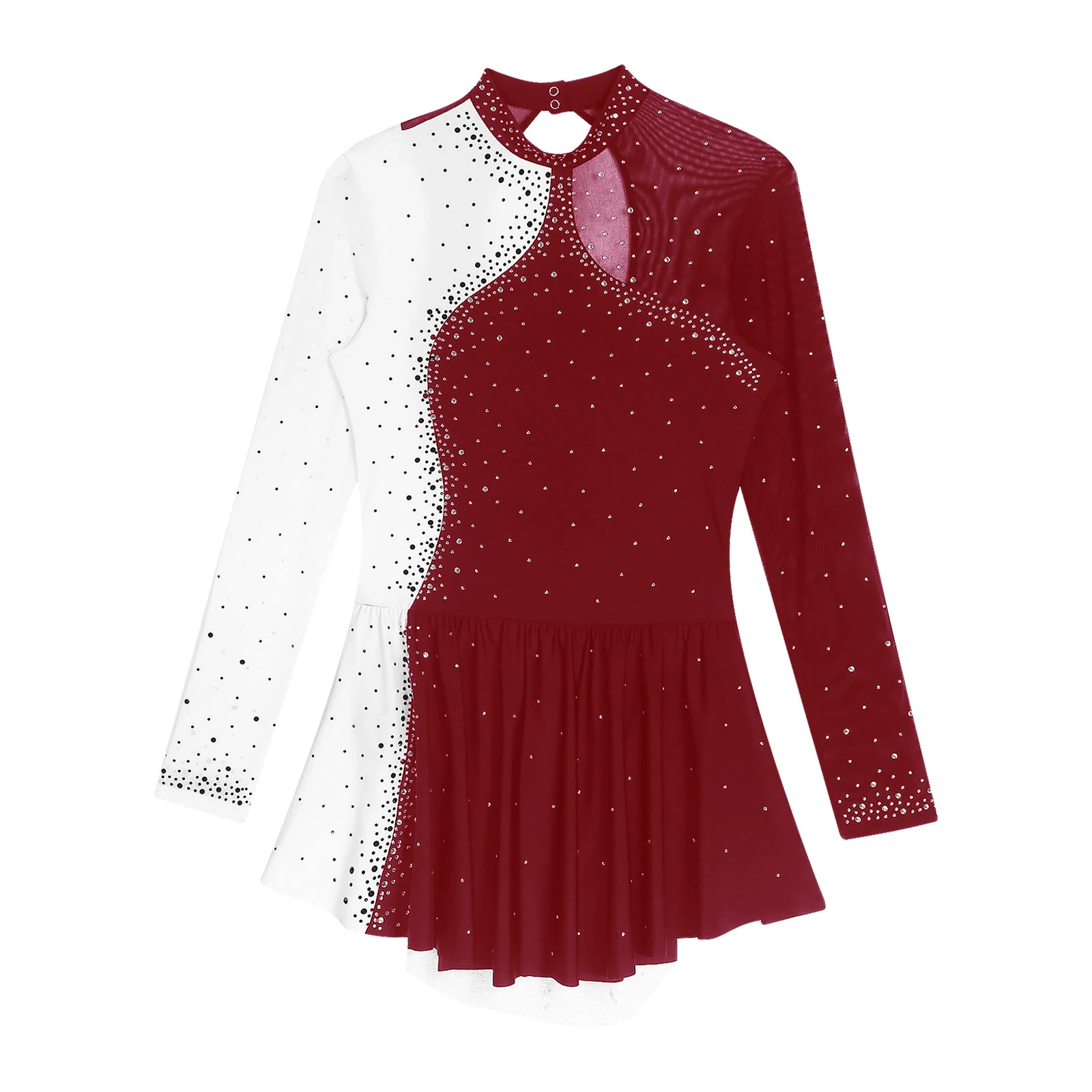 Women Sparkly Rhinestone Figure Skating Dance Dresses Long Sleeve Color Block Hollow Out Back Built-in Briefs Patchwork Dresses