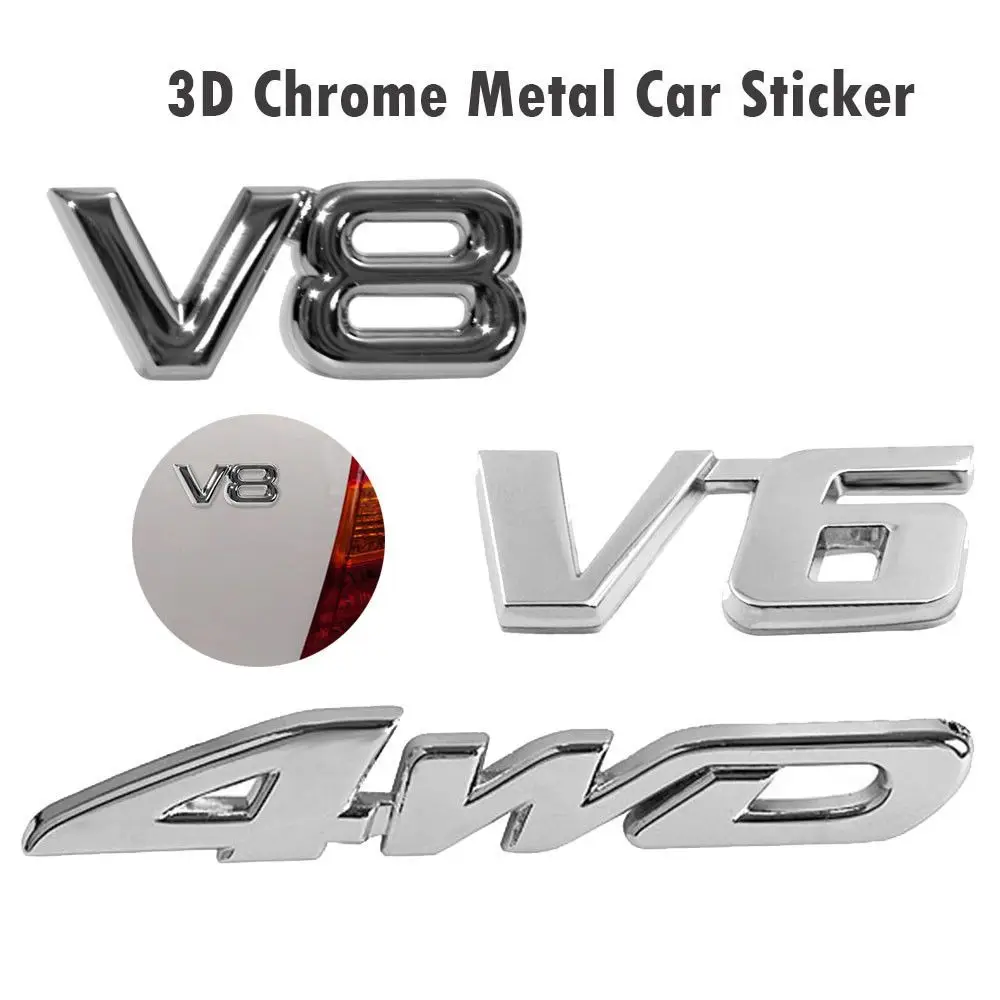 Silver Emblem Badge 4WD V6 V8 Car Sticker 3D Auto Decal Trunk Lid  Vehicle Tailgate