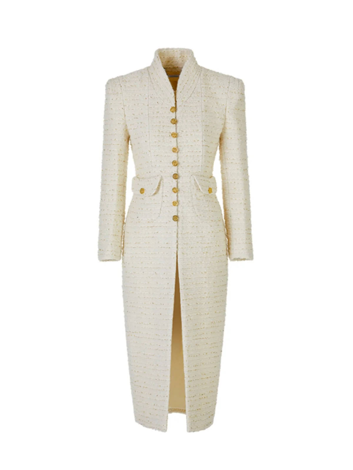 

Ele Maggie Ma Sle Wool Blend Coat Stand Collar Autumn Winter Outerwear in Beige Long Sve Slim Fit Faion