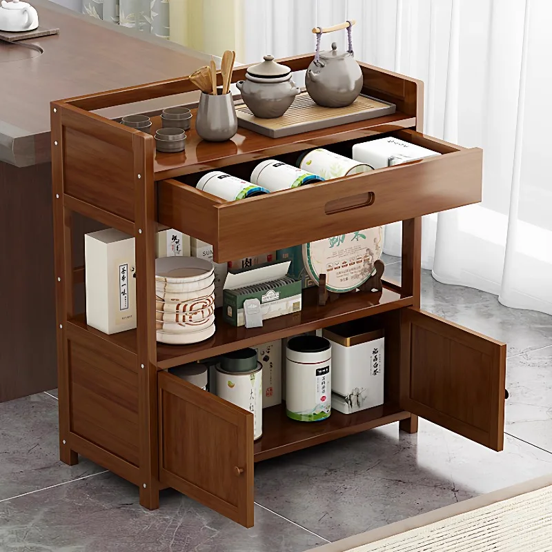 Corner Floor Storage Shelf, Solid Moso Bamboo Bookcase with Spacious Drawers for Living Room, Bedroom, Home Office Organization